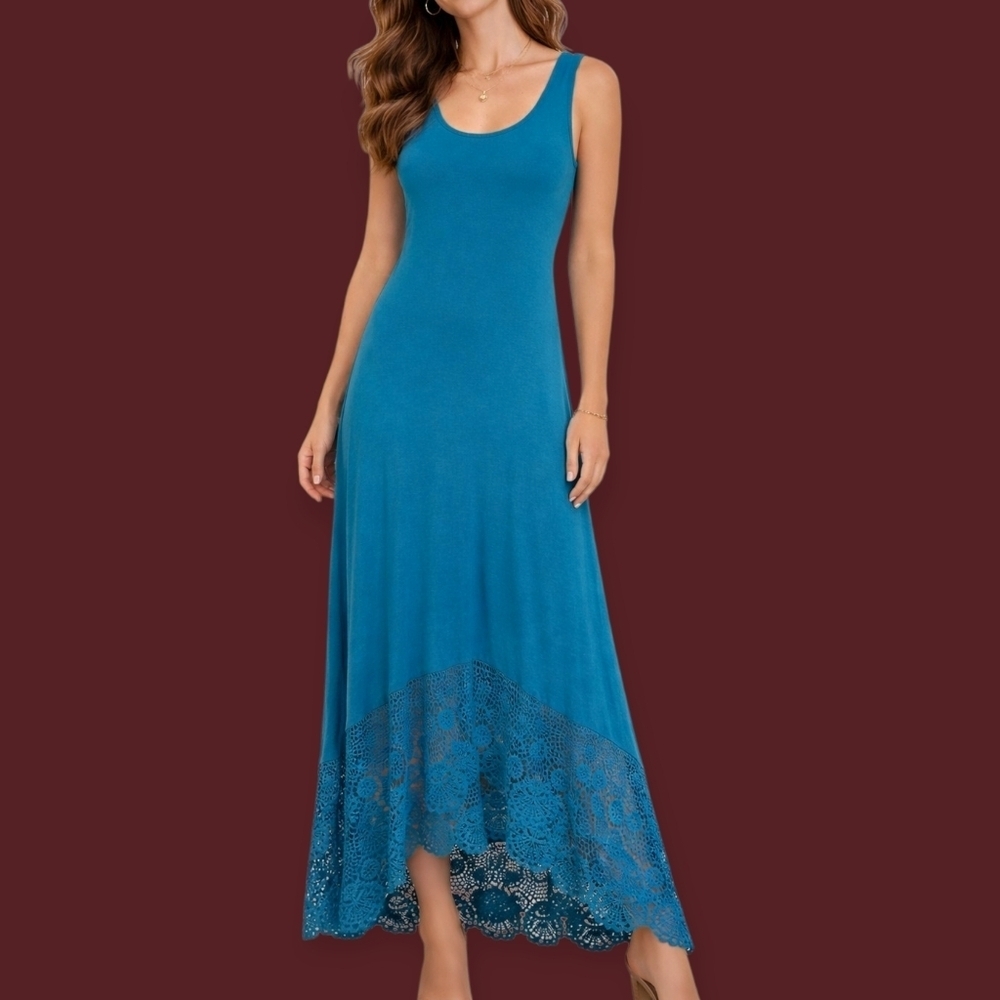 KATE & MALLORY Turquoise Sleeveless Scoop Neck Crochet Lace Hi-Low Tank Dress